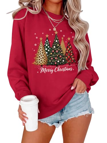 Ounar Christmas Sweatshirts For Women Xmas Tree Graphic Long Sleeve Tops