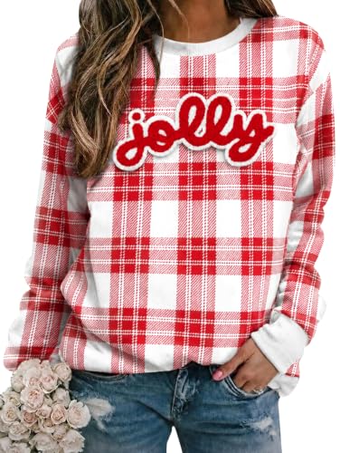 Christmas Sweatshirt For Women Jolly Merry Patch Striped Sweatshirts - Image 4