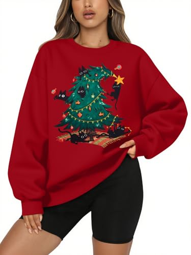Maximgr Christmas Sweatshirts For Women Christmas Cat Sweater Xmas Long Sleeve Shirts Holiday Crewneck Pullover Tops - Image 2