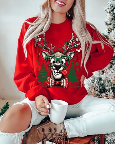 Ugly Christmas Sweater Women Oversized Funny Reindeer Graphic Sweatshirt - Image 3