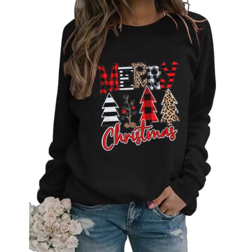Vintage Merry Christmas Leopard Plaid Xmas Tree Sweatshirt For Women Cute Plaid Xmas Tree Graphic Causal Pullover Top