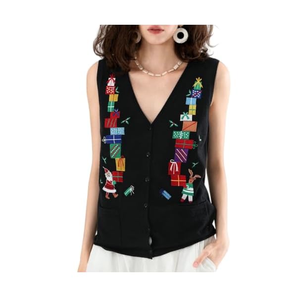 Embroidered Sleeveless Christmas Cardigan For Women