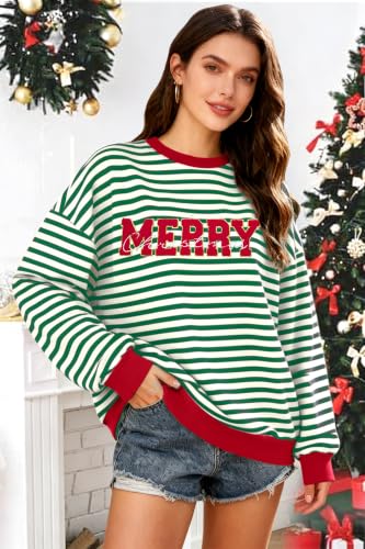 Christmas Sweatshirts For Women Jolly Glitter Patch Striped Sweater - Image 2